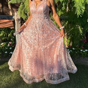 Prom dress, rose gold in color with silver overlay